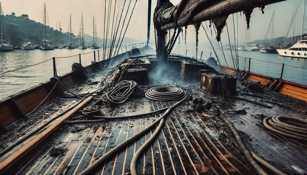 Brand auf der Yacht "PERLA" im Hafen von Šibenik: durch Blitzschlag verursacht, Schiff entlang der Küste nach erfolgreicher Evakuierung der Besatzung und schnelle Reaktion der Feuerwehr gesichert