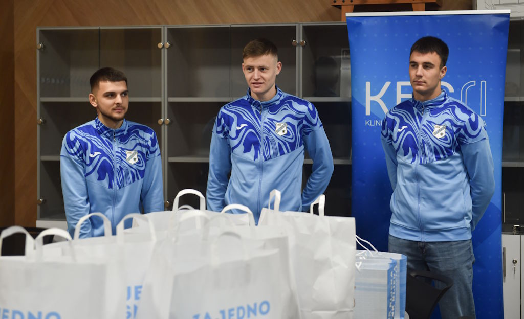 Football players of HNK Rijeka cheer up children at the Clinic for Pediatrics of KBC Rijeka